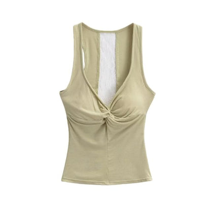 V-Neck Lace Panel Ruched Padded Crop Tank Top