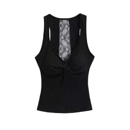 V-Neck Lace Panel Ruched Padded Crop Tank Top