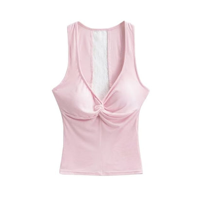 V-Neck Lace Panel Ruched Padded Crop Tank Top