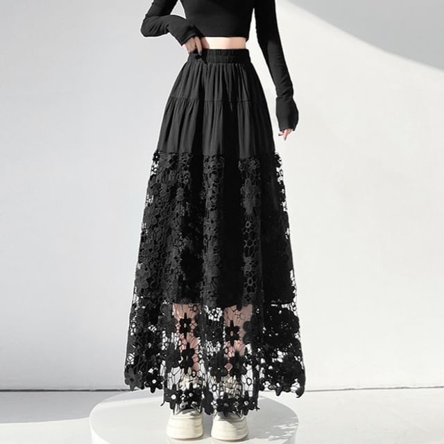 Crochet Lace Tiered Maxi A-Line Skirt Elastic Waist Panel
