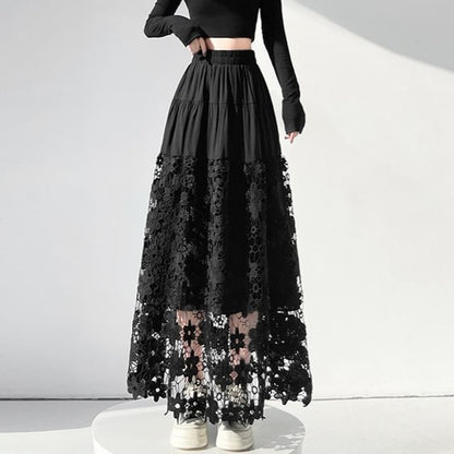 Crochet Lace Tiered Maxi A-Line Skirt Elastic Waist Panel