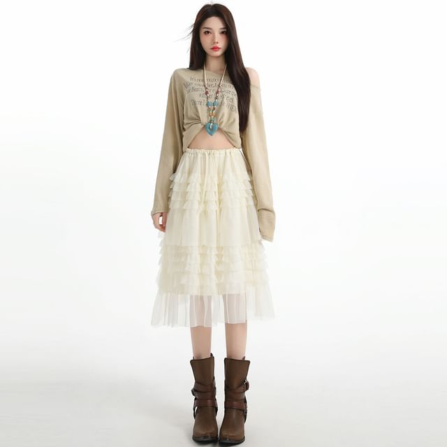 Tiered Mesh Midi A-Line Skirt Drawstring Waist Plain