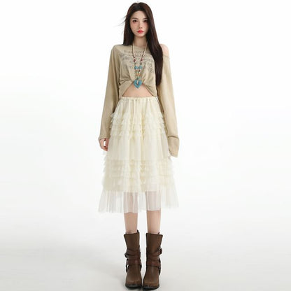 Tiered Mesh Midi A-Line Skirt Drawstring Waist Plain