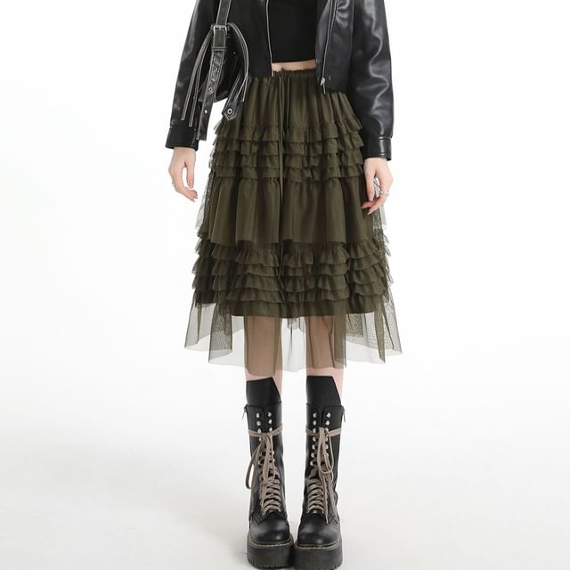 Tiered Mesh Midi A-Line Skirt Drawstring Waist Plain