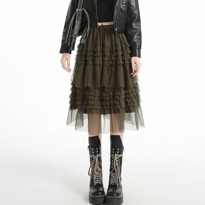 Tiered Mesh Midi A-Line Skirt Drawstring Waist Plain