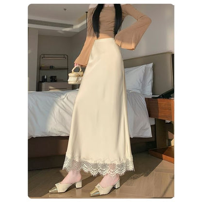 Lace Panel Maxi Mermaid Skirt High-Waisted Plain