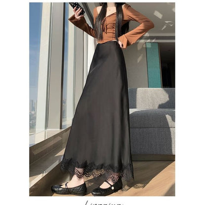 Lace Panel Maxi Mermaid Skirt High-Waisted Plain