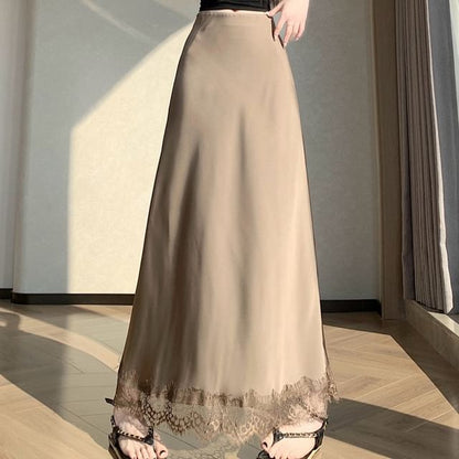 Lace Panel Maxi Mermaid Skirt High-Waisted Plain