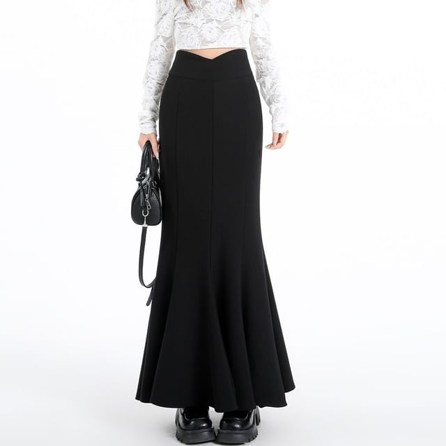 Plain High-Waisted Maxi Mermaid Skirt