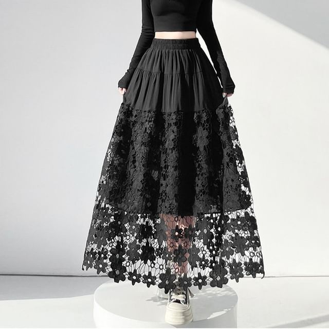 Crochet Lace Tiered Maxi A-Line Skirt Elastic Waist Panel