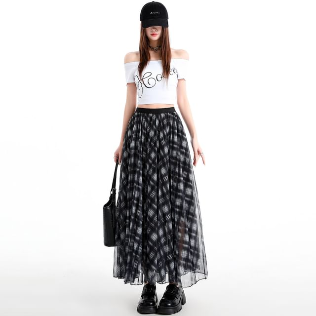 Pleated Plaid Maxi A-Line Skirt Elastic Waist