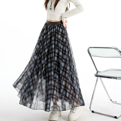 Pleated Plaid Maxi A-Line Skirt Elastic Waist