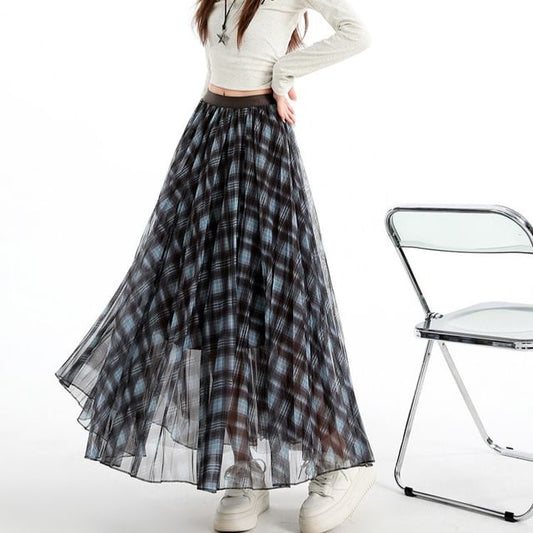 Pleated Plaid Maxi A-Line Skirt Elastic Waist