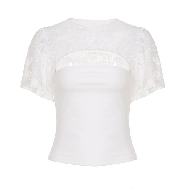 Bell Sleeve Lace Panel Cut-Out Slim-Fit Top