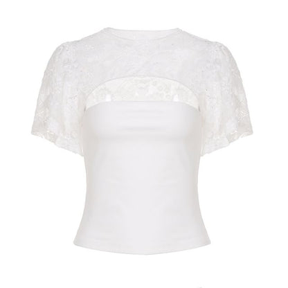 Bell Sleeve Lace Panel Cut-Out Slim-Fit Top