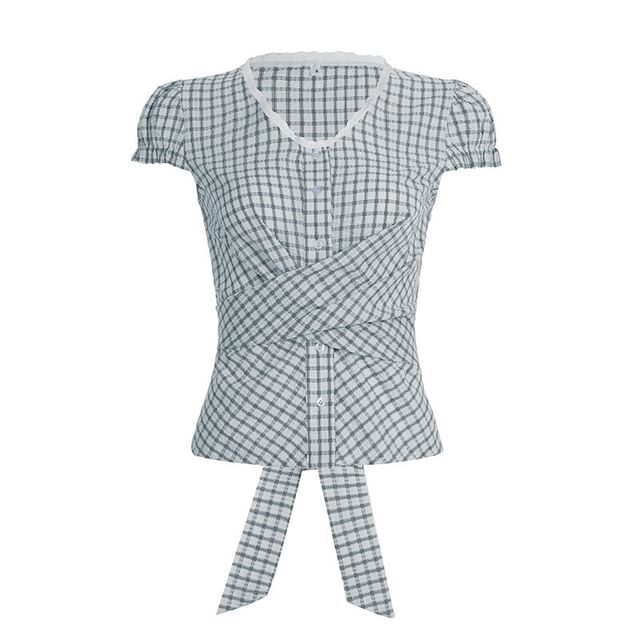 Plaid Puff-Sleeve V-Neck Blouse with Lace Trim
