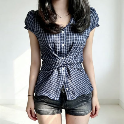 Plaid Puff-Sleeve V-Neck Blouse with Lace Trim