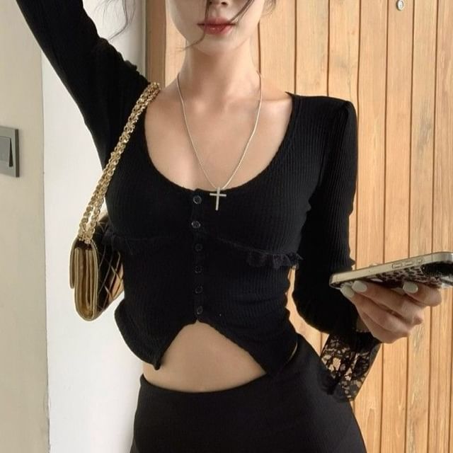 V-Neck Ruffle Button Ribbed Lace Panel Long Sleeve Top
