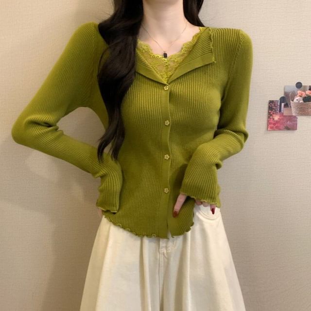 V-Neck Lace Panel Button Ribbed Knit Long Sleeve Top