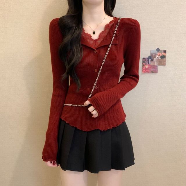 V-Neck Lace Panel Button Ribbed Knit Long Sleeve Top