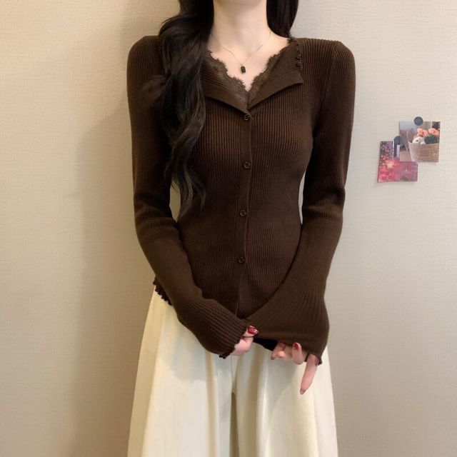V-Neck Lace Panel Button Ribbed Knit Long Sleeve Top