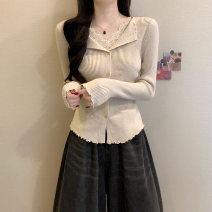 V-Neck Lace Panel Button Ribbed Knit Long Sleeve Top