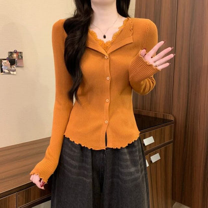 V-Neck Lace Panel Button Ribbed Knit Long Sleeve Top