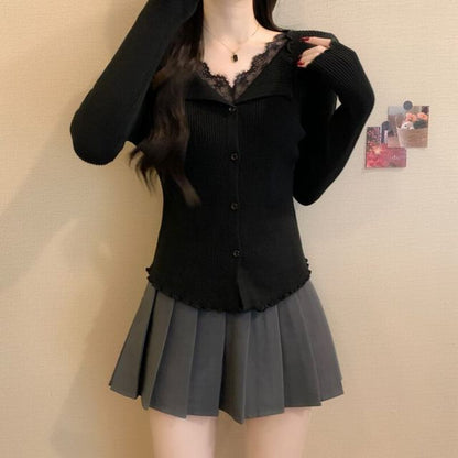 V-Neck Lace Panel Button Ribbed Knit Long Sleeve Top