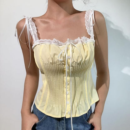 Square Neck Lace Panel Pintuck Button-Up Crop Top