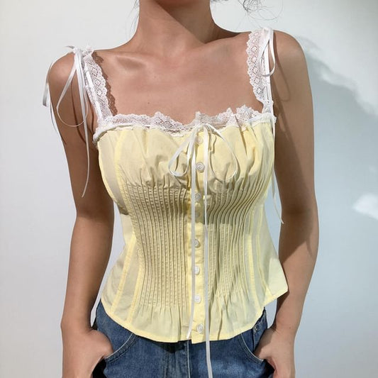 Square Neck Lace Panel Pintuck Button-Up Crop Top