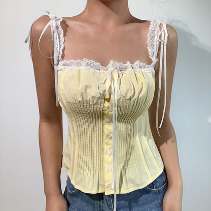 Square Neck Lace Panel Pintuck Button-Up Crop Top