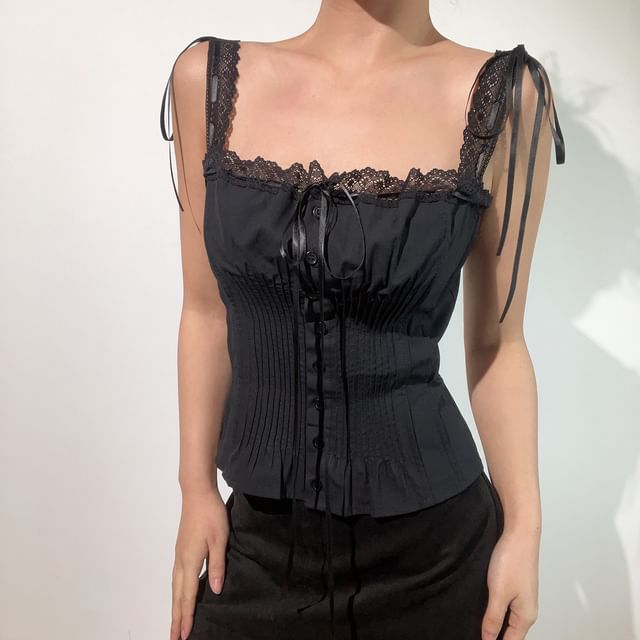 Square Neck Lace Panel Pintuck Button-Up Crop Top