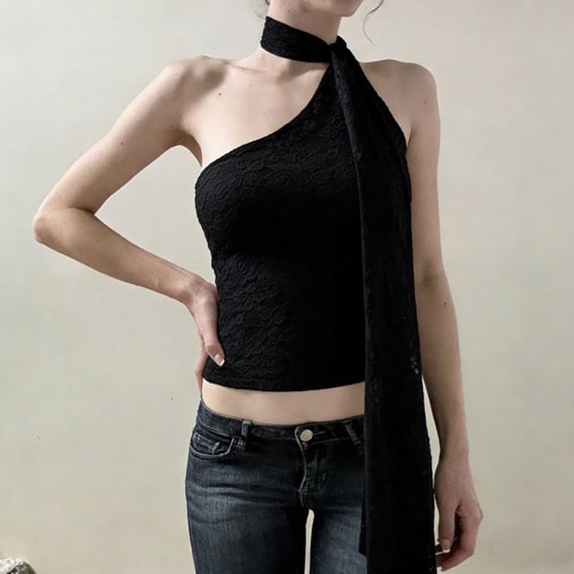 One Shoulder Scarf Collar Lace Slim-Fit Crop Tank