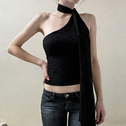 One Shoulder Scarf Collar Lace Slim-Fit Crop Tank