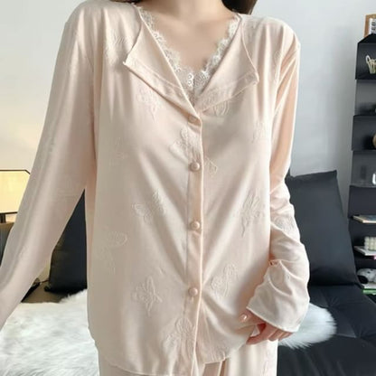 Long-Sleeve Lace Trim Top & Pants Pajama Set