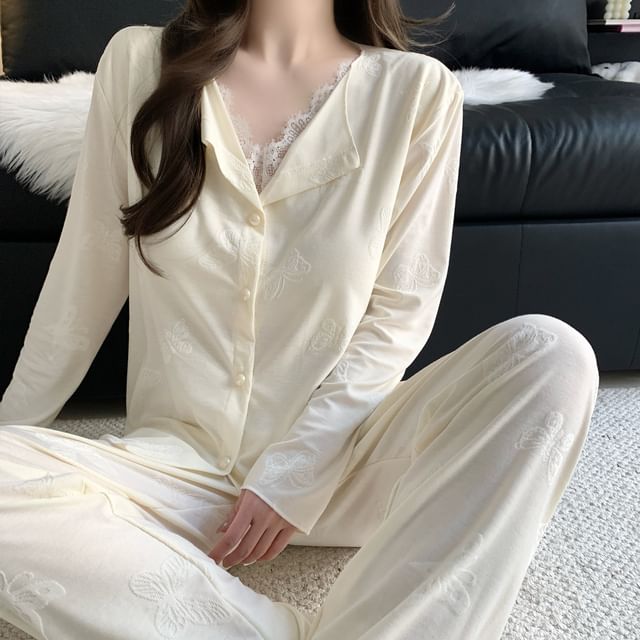 Long-Sleeve Lace Trim Top & Pants Pajama Set