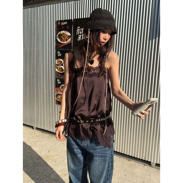 Lace Panel Slit Camisole Top