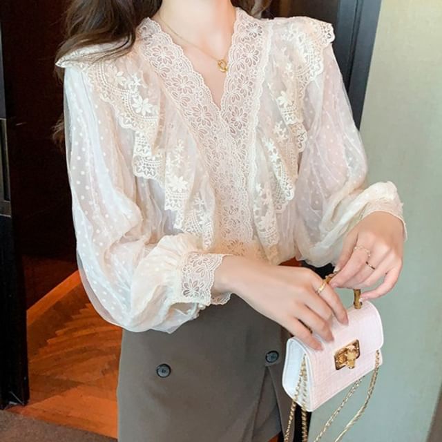 Ruffled Lace V-Neck Puff-Sleeve Blouse