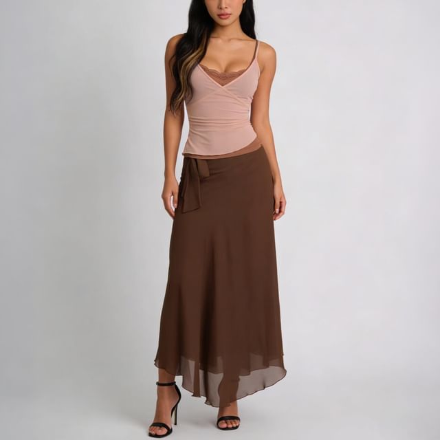 Mock Two Piece Lace Mesh Camisole & High Waist Tie-Up Maxi Skirt