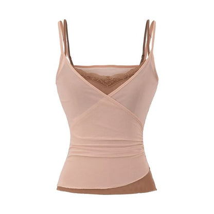 Mock Two Piece Lace Mesh Camisole & High Waist Tie-Up Maxi Skirt