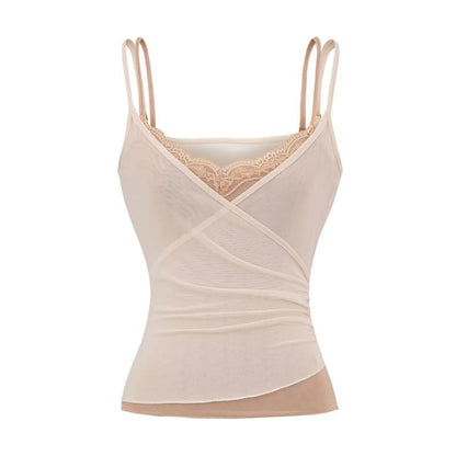Mock Two Piece Lace Mesh Camisole & High Waist Tie-Up Maxi Skirt