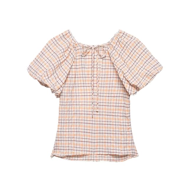 Puffed Sleeve Tartan Gathered Fitted Blouse