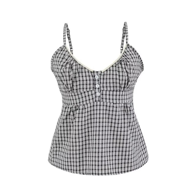 U-Neck Lace Trim Checked Fitted Camisole