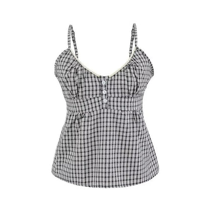 U-Neck Lace Trim Checked Fitted Camisole