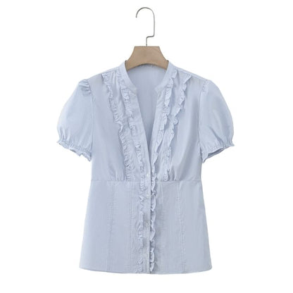 Short Sleeve V-Neck Minimalist Ruffled Slim Shirt