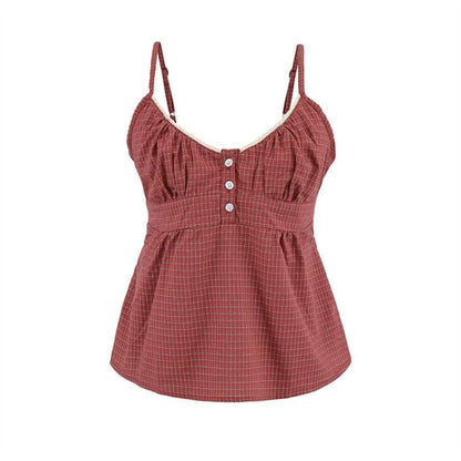 U-Neck Lace Trim Checked Fitted Camisole