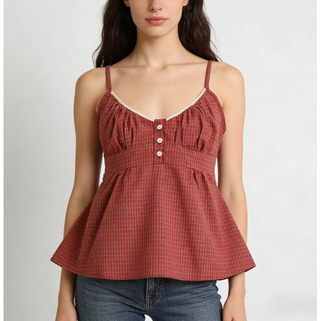 U-Neck Lace Trim Checked Fitted Camisole