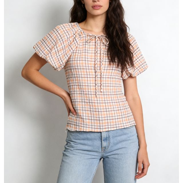 Puffed Sleeve Tartan Gathered Fitted Blouse