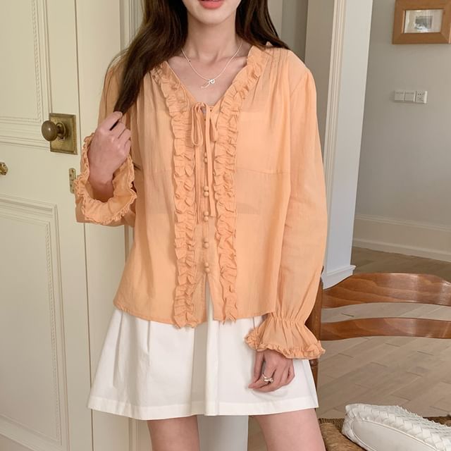 Ruffle-Trim V-Neck Long-Sleeve Blouse