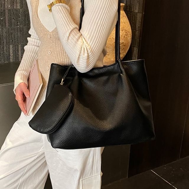 Set: Faux Leather Tote Bag + Pouch